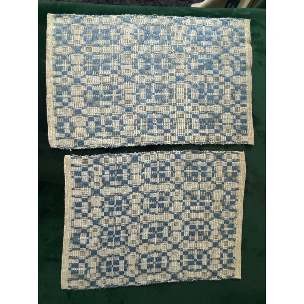 Vintage‎ Blue White Handwoven Placemat Set Geometric Pattern Cottage Decor